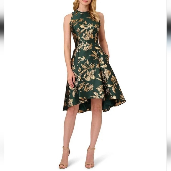Adrianna Papell Metallic Jacquard Ruffle Trim Halter Neck Cocktail  Dress - Picture 1 of 17